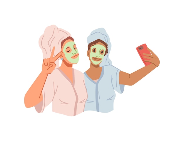 Vector amigas en el salón de spa tomando selfie en teléfono