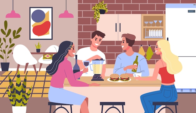 Amigo feliz pasar tiempo juntos y charlar. concepto de fiesta en casa. hombre y mujer sentados juntos en casa, bebiendo vino y comiendo hamburguesas. ilustración