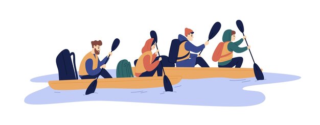 Vector amigos activos haciendo rafting en barco en la ilustración plana vectorial del río. grupo de mochileros que disfrutan de un estilo de vida extremo aislado en blanco. hombre y mujer sostienen paletas flotando en el agua juntos.