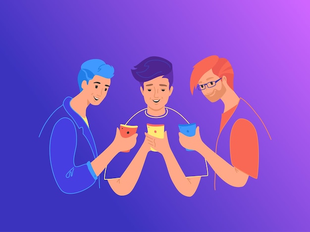 Amigos adolescentes con ilustración de vector plano de concepto de teléfonos inteligentes. Chicos jóvenes que se muestran el uno al otro teléfono inteligente para leer comentarios y compartir memes. Jóvenes sonrientes con teléfono inteligente móvil