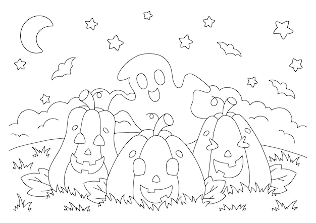 Amigos alegres calabazas de halloween y fantasma página de libro para colorear para niños personaje de estilo de dibujos animados