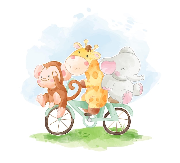Amigos animales de dibujos animados lindo montando bicicleta ilustración