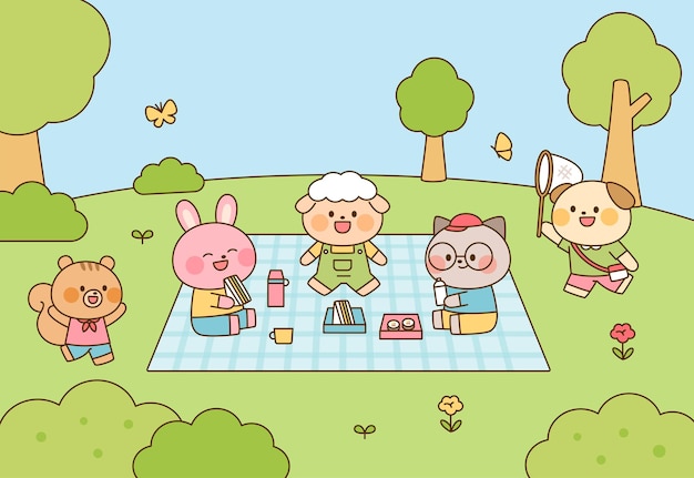 Amigos animales lindos haciendo un picnic con cajas de almuerzo y bebidas en la naturaleza