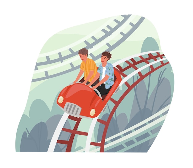 Vector amigos aterrorizados montando un coche de montaña rusa, rodando hacia abajo. gente en pánico en la montaña rusa en el parque de atracciones. ilustración de vector de dibujos animados planos coloreados aislado sobre fondo blanco.