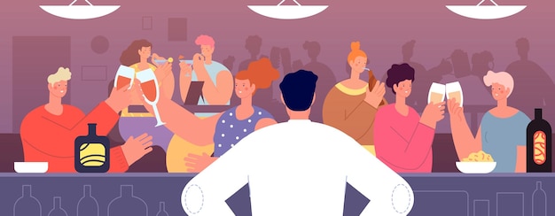 Amigos bebiendo en el bar Jóvenes divertidos camareros miran a la multitud con vino y cerveza Adulto feliz en el pub aplausos bebidas fiesta concepto vectorial total