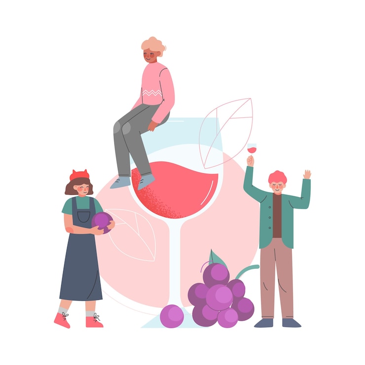 Vector amigos bebiendo vino hombre pequeño sentado en un enorme vaso de vino ilustración vectorial al estilo de dibujos animados