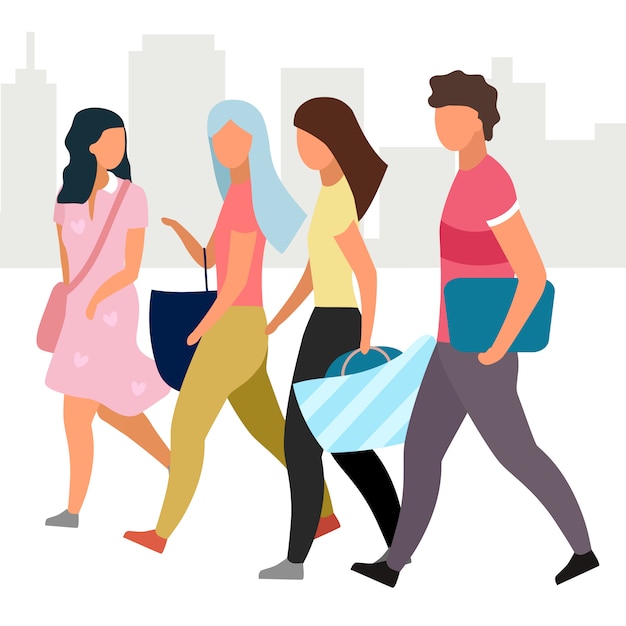Amigos caminando juntos ilustración plana. Chicas y chico en personajes de dibujos animados de la calle de la ciudad. Estudiantes, turistas que van y hablan. Concepto de amistad Grupo de personas que pasan tiempo, reunión