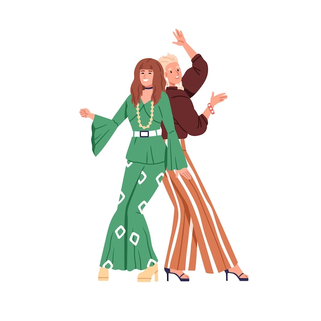 Amigos de las chicas de moda bailando en la discoteca en estilo retro de los años 80. pareja de bailarinas de los años 80 moviéndose a la música en los años ochenta, fiesta disco de 1980. ilustración de vector plano aislado sobre fondo blanco.