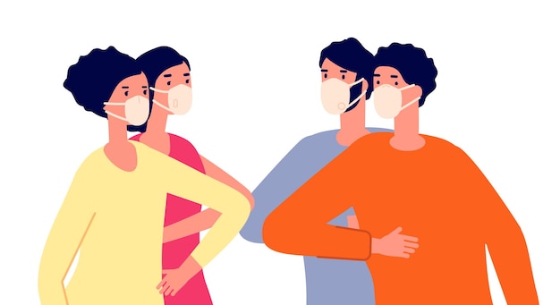 Amigos chocando los codos. Saludo a distancia, contactos de protección con personas. Toque social seguro, personas juntas en máscaras expresan el concepto de vector. La protección contra la protuberancia del codo evita y previene la ilustración.