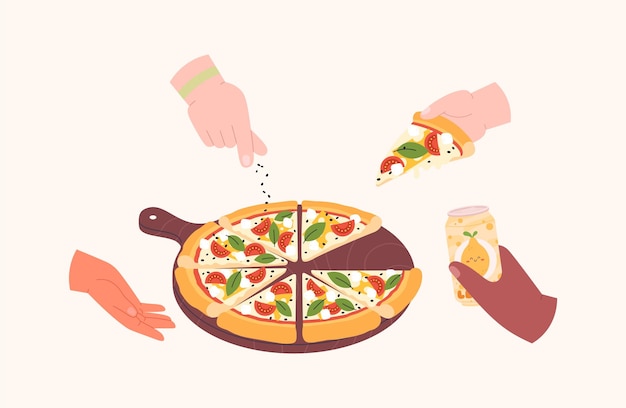 Amigos comiendo pizza juntos Reunirse con amigos con las manos sosteniendo rebanadas de pizza y bebidas Fiesta con comida rápida dibujos animados concepto vectorial de pizzería italiana fresca