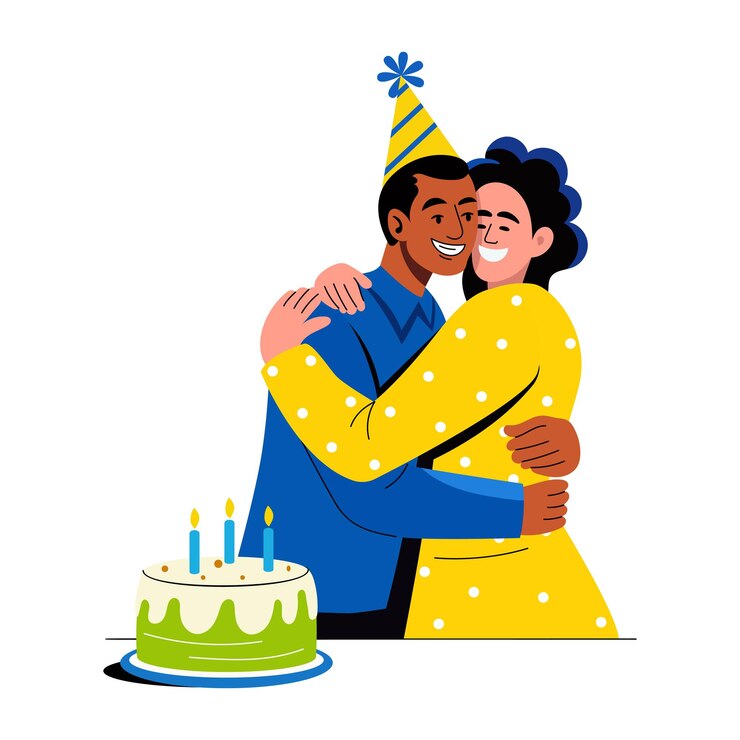 Vector amigos compartiendo un abrazo de cumpleaños feliz ilustración plana