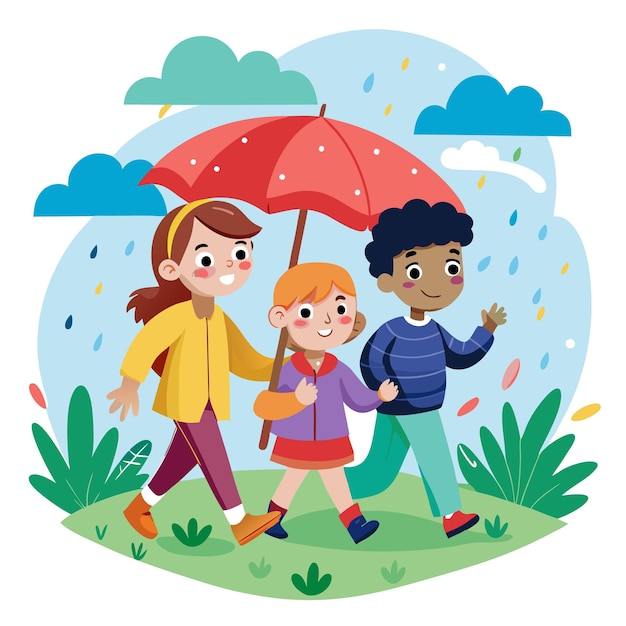 Amigos compartiendo paraguas en un día de lluvia arte vectorial