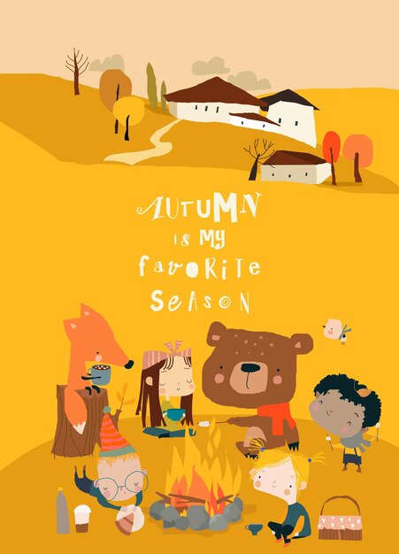 Amigos de dibujos animados sentados alrededor de la hoguera en el bosque de otoño