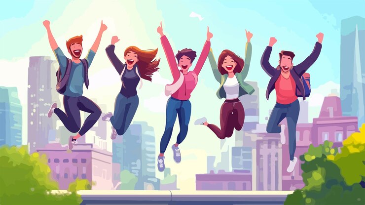 Vector amigos dinámicos saltando en la ciudad urbana ilustración vectorial de dibujos animados