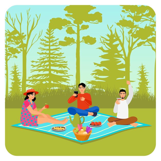 Los amigos disfrutan de un picnic en un día de primavera se sientan beben y comen bocadillos y frutas