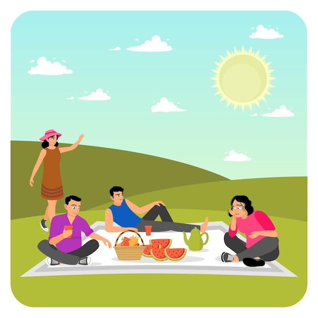 Amigos disfrutan sentados en mantas comiendo y bebiendo en un picnic en Green Hill