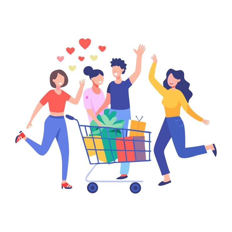 Vector amigos disfrutando de una fiesta de compras con un carrito lleno de compras ilustración vectorial
