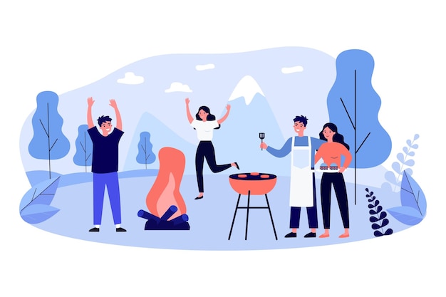 Amigos divirtiéndose en la fiesta de barbacoa. Gente asando carne, bailando en el fuego al aire libre. Ilustración vectorial plana