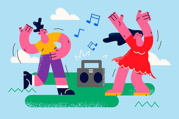 Los amigos encantados se divierten bailando juntos con música en un viejo estéreo. Un hombre y una mujer felices y diversos se relajan, descansan, disfrutan bailando al aire libre escuchando la radio en la grabadora. Ilustración de vector plano.