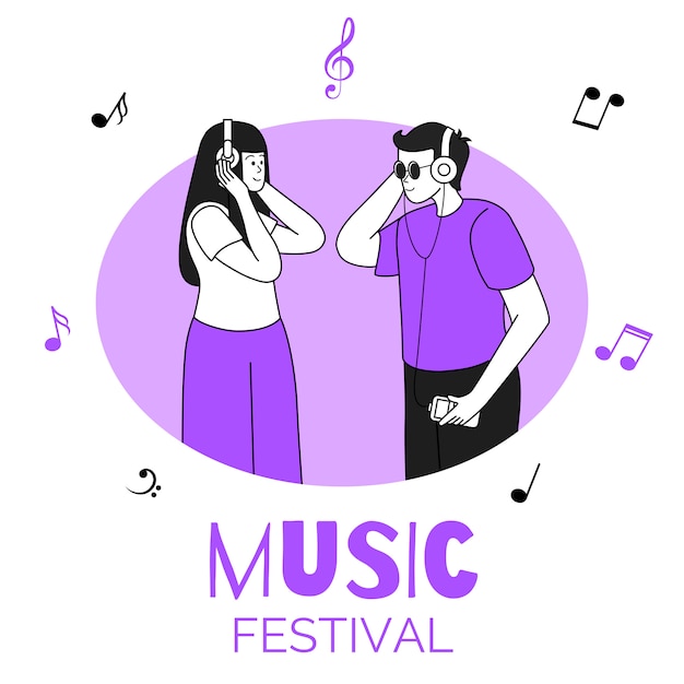 Amigos escuchando música, pareja en la ilustración de marco circular. Festival de música, fiesta, discoteca. Amantes de la música con caracteres de contorno plano de auriculares aislados en blanco