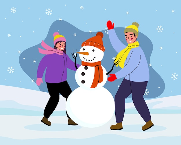 Los amigos están haciendo un muñeco de nieve Juegos de invierno Ilustración vectorial de invierno en estilo plano