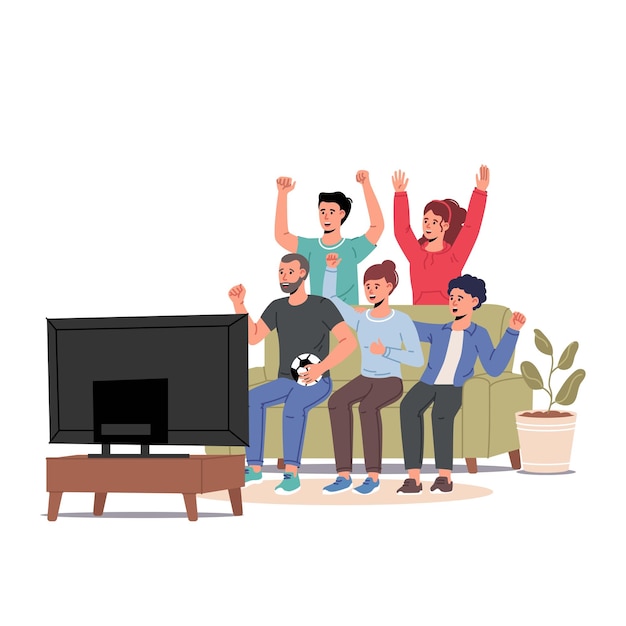 Vector amigos de los fanáticos del fútbol viendo el partido en la televisión hombres y mujeres sentados y celebrando la victoria del equipo de fútbol