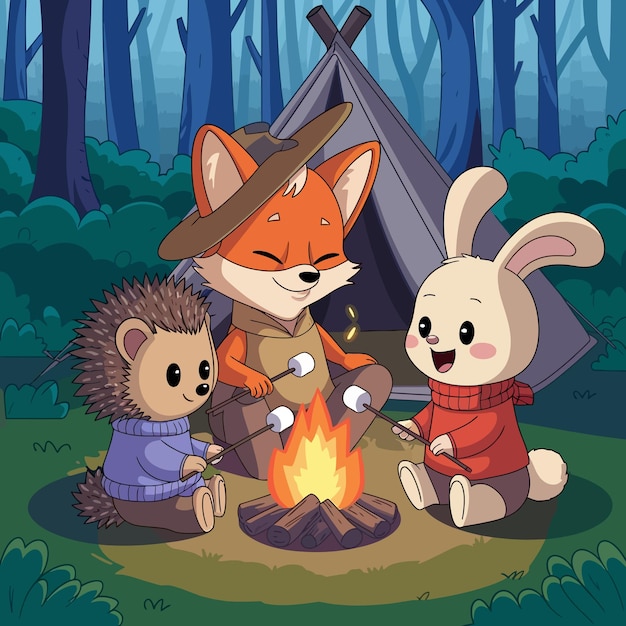 Amigos felices acampando y asando marshmallows alrededor de una fogata