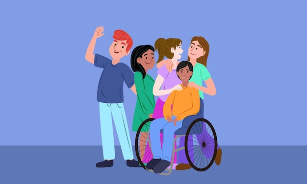Amigos felices apoyando a un joven en silla de ruedas