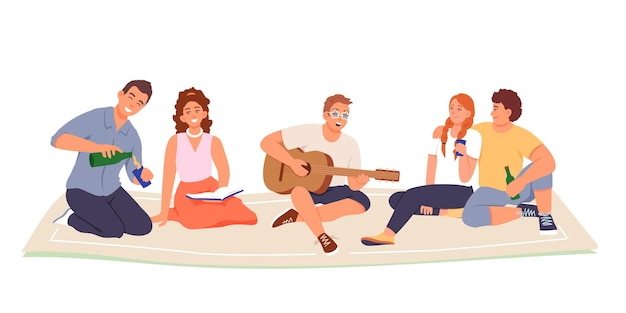 Amigos felices bebiendo cerveza tocando la guitarra y cantando Ocio de verano en el parque