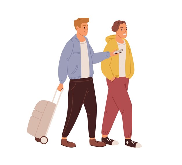 Amigos felices caminando con equipaje. Me encanta un par de jóvenes que viajan juntos con equipaje. Ilustración de vector plano coloreado de turistas, viajeros o pasajeros aislados sobre fondo blanco.