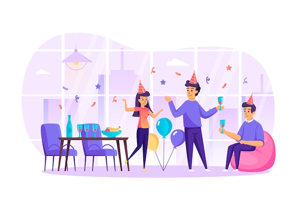 Amigos felices celebran las vacaciones en el concepto de diseño plano de fiesta con escena de personajes de personas