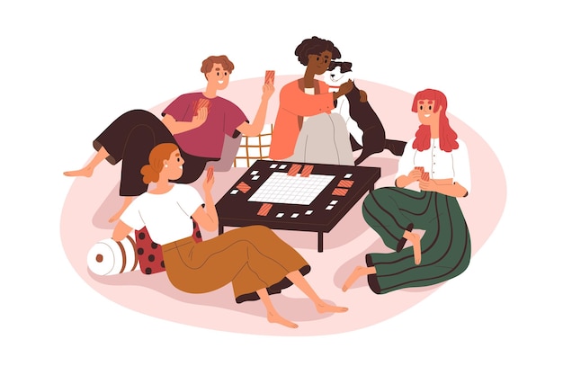 Amigos felices jugando al juego de mesa en la mesa juntos. Hombres y mujeres jóvenes reunidos para juegos de mesa y relajantes. Divertida actividad de ocio. Ilustración de vector gráfico plano aislado sobre fondo blanco