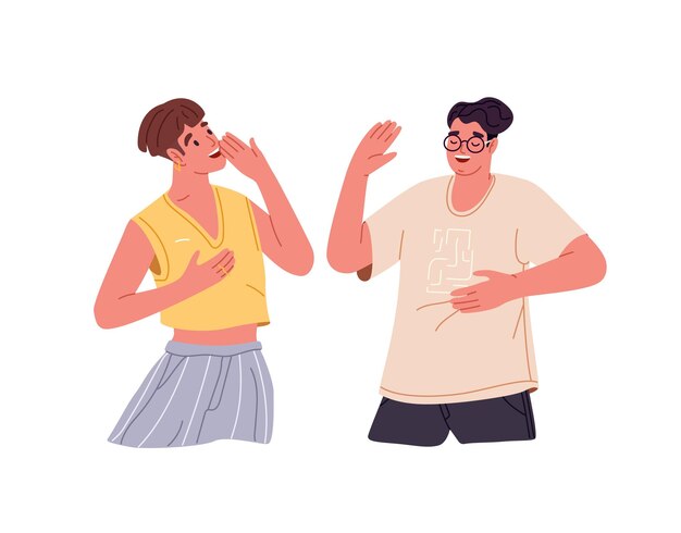 Vector amigos felices se ríen de la barriga de una broma divertida juntos la gente se ríe en voz alta se divierte hombre y mujer alegres risas risas risitas risitas ilustración vectorial aislada plana sobre fondo blanco