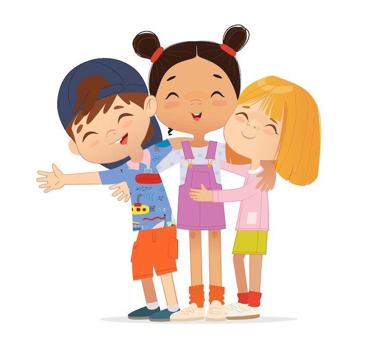 Vector amigos felices de varios años se abrazan. niños y niñas de la escuela abrazándose.
