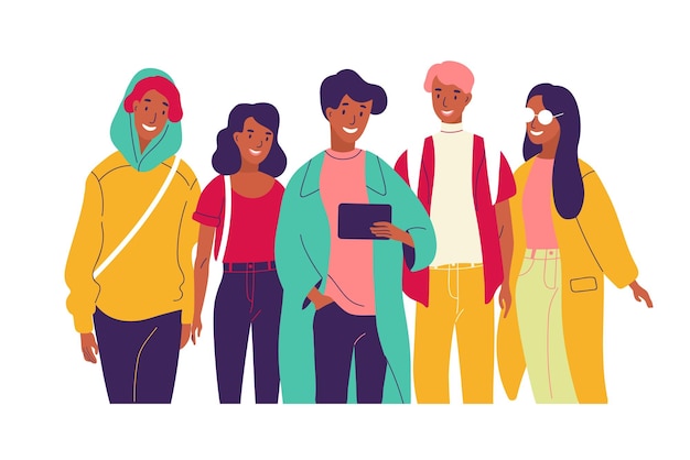 Amigos felices viendo videos juntos. Grupo de jóvenes hombres y mujeres sonrientes vestidos con ropa de moda mirando la pantalla de tablet pc. Ilustración de vector de color brillante en estilo moderno de dibujos animados planos.