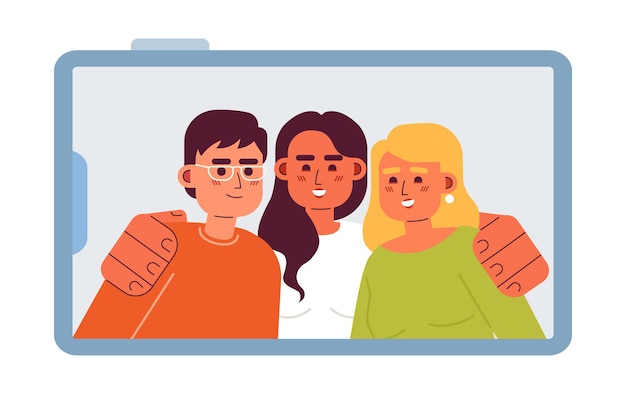 amigos foto de grupo en el teléfono concepto plano vector spot ilustración imagen en la pantalla del teléfono inteligente personajes de dibujos animados 2D en blanco para el diseño de interfaz de usuario web imagen de héroe creativa editable aislada