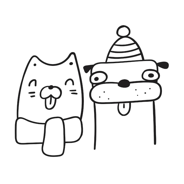 Amigos de gatos y perros Animales lindos Amistad Ilustración vectorial de esquema