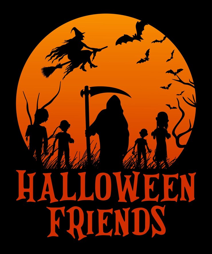 Amigos de Halloween Bruja tumba fantasma murciélago parca vintage retro diseño de camiseta de puesta de sol aterradora