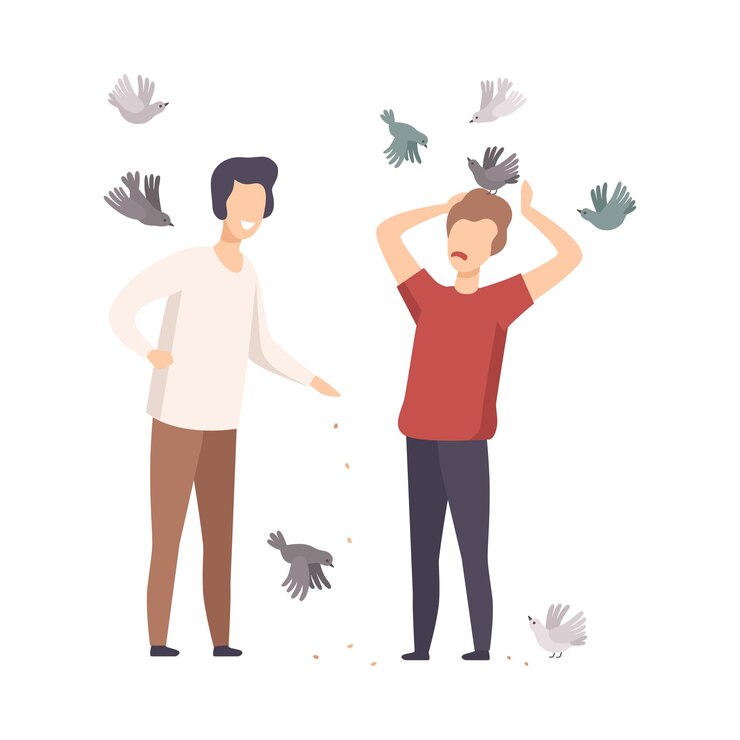 Vector amigos jóvenes caminando por el parque y alimentando a los pájaros ilustración vectorial