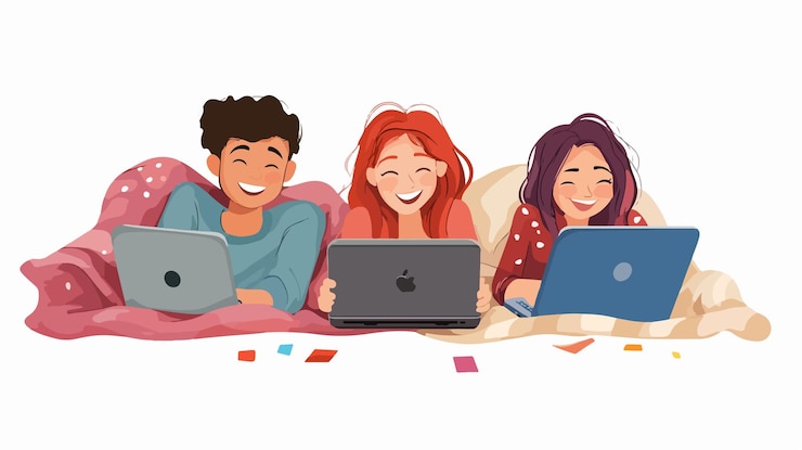 Vector amigos jóvenes disfrutan de usar la computadora portátil juntos en la cama en casa
