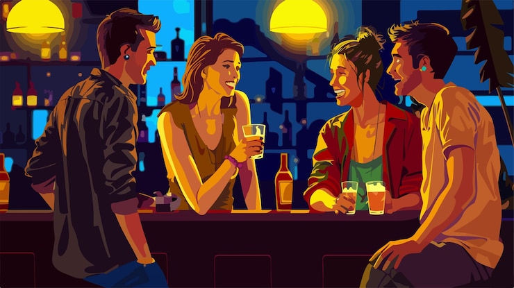 Vector amigos jóvenes disfrutando de copas de tequila en un bar socializando juntos