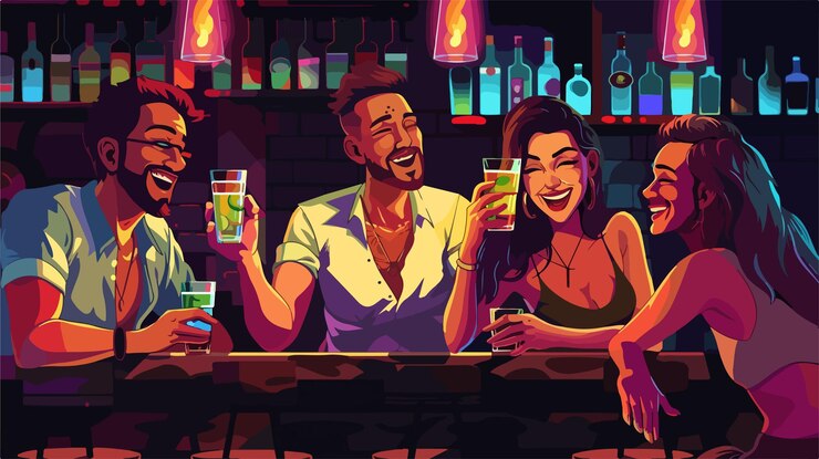 Vector amigos jóvenes disfrutando de copas de tequila en un bar socializando juntos