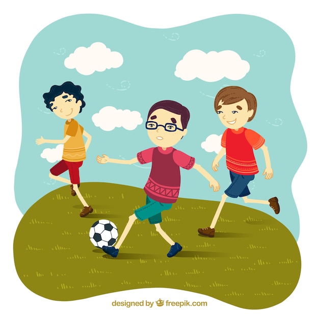 Vector amigos jugando al fútbol al aire libre