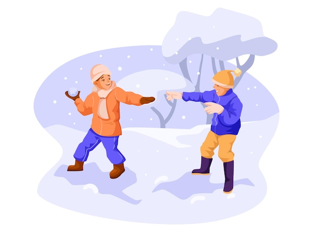 Vector amigos jugando a la pelota de nieve en la temporada de invierno divertida infancia feliz nieve clima helado niño lanzar bola de nieve pelea al aire libre navidad felicidad vacaciones de invierno recreación ilustración vectorial