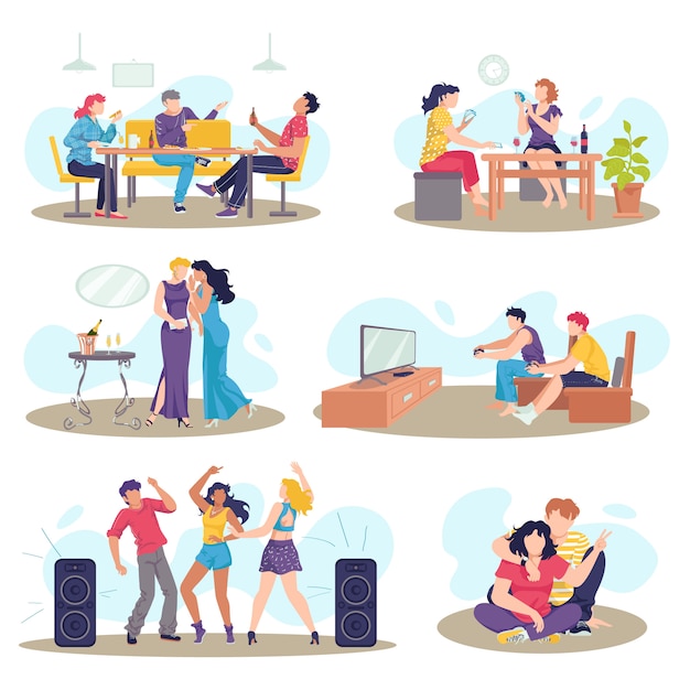 Amigos juntos conjunto de ilustraciones de gente amable. Amistad, relación entre hombre y mujer. Bailar, comer, hablar y pasar tiempo juntos. Pasatiempo social, persona y sociedad.
