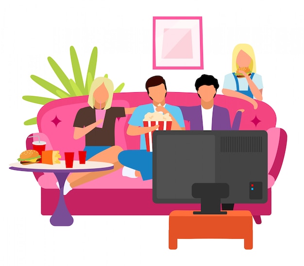 Vector amigos juntos viendo la película ilustración plana. chicos y chicas que pasan tiempo, por la noche en casa con personajes de dibujos animados de televisión. los estudiantes miran películas. la mejor compañía de amigos sentados en el sofá, comiendo bocadillos