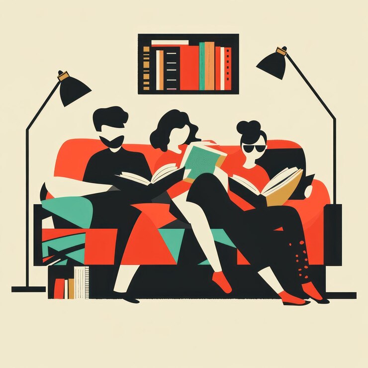 Amigos leyendo juntos en un sofá