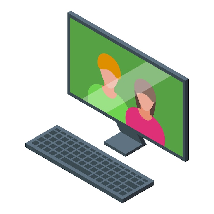 Vector amigos llamando por video usando una computadora de escritorio con teclado