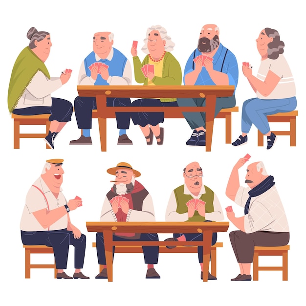 Amigos mayores jugando a cartas sentados en una silla en la mesa Conjunto vectorial