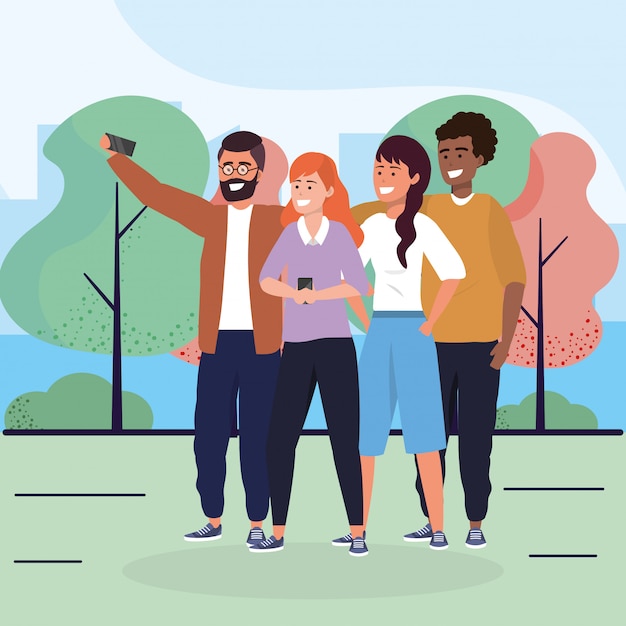 Amigos de mujeres y hombres con teléfono inteligente y árboles.